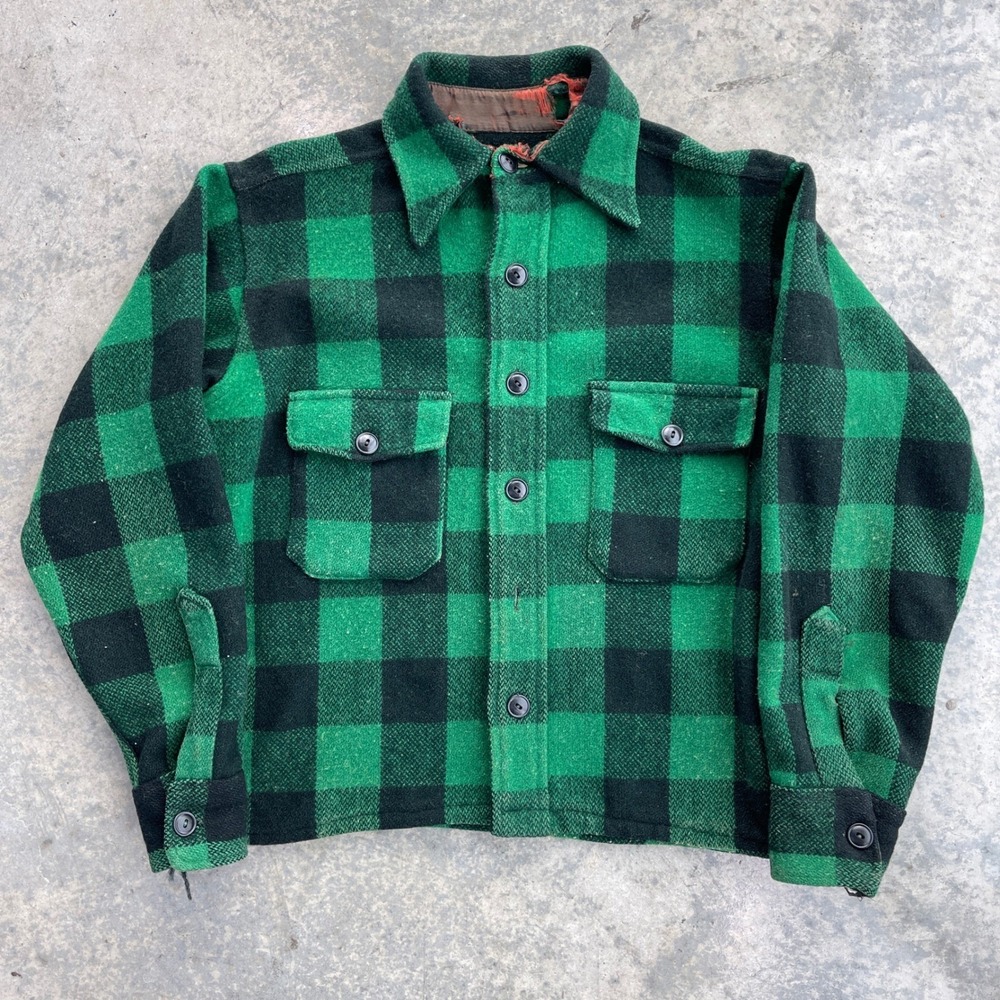 Vintage Melton Wintermaster Flannel Jacket Mens L Green Buffalo Plaid Workwear